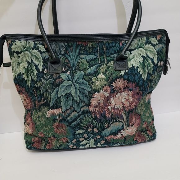 Vintage 1980s ATLANTIC Floral Tapestry Travel Zippered Shopping Tote Bag, Green - Picture 16 of 16